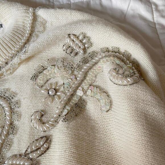 vintage mock neck embellished pearl bead knit sweater sz XL fairy christmas - Picture 8 of 8